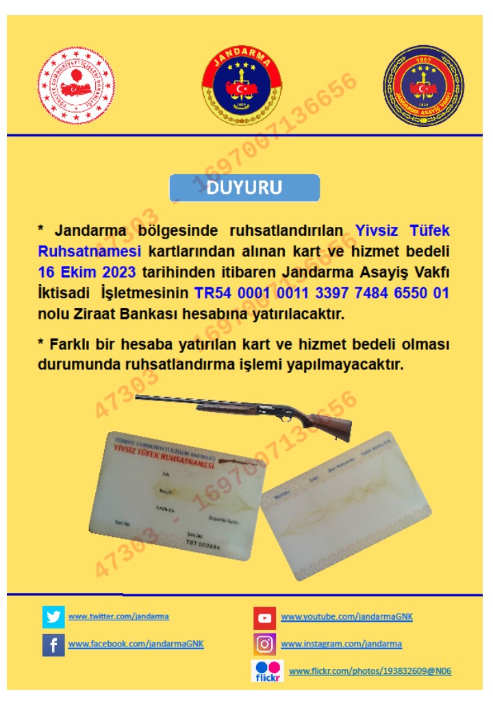 Yivsiz Tüfek Ruhsatnamesi Kart ve Hizmet Bedelinin Jandarma Asayiş Vakfına Yatırılması